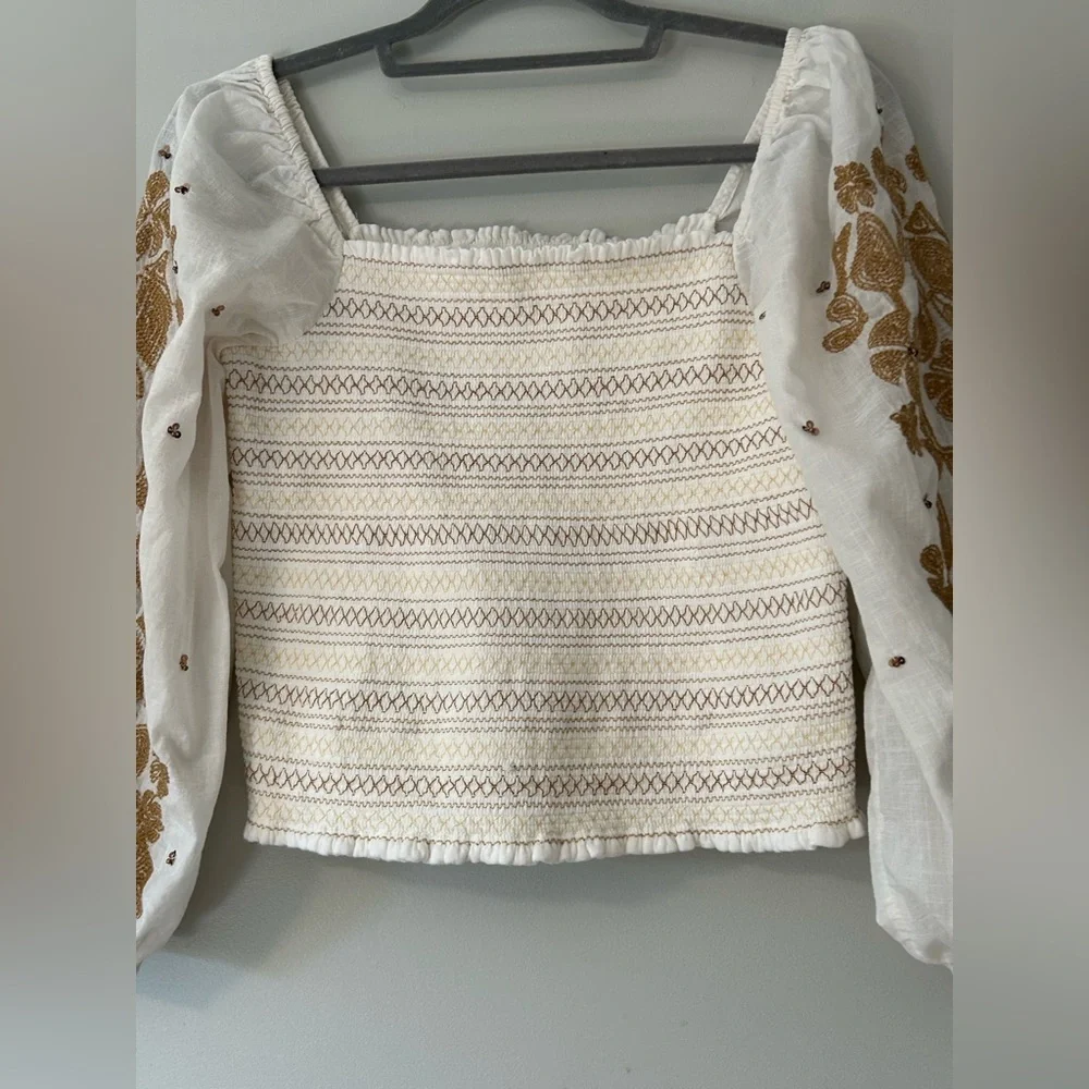 Anthropologie Embroidered Smocked Peasant Top M Boho Cottagecore Blouse